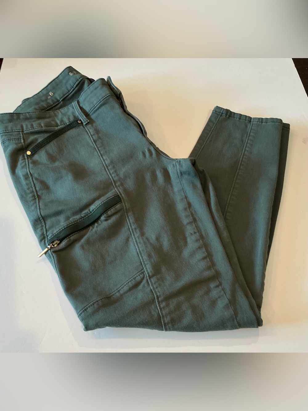 WHBM The Skinny Deep Green Coated Utility Moto Pants Size 6